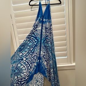 Surf Gypsy Blue Design V Neck Bohemian Open Back Maxi Slit Dress Size: Medium